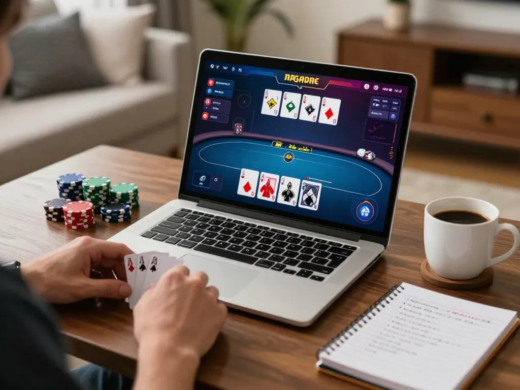 Player engaging in nagapoker on a laptop, highlighting strategic gameplay in a cozy home setting.