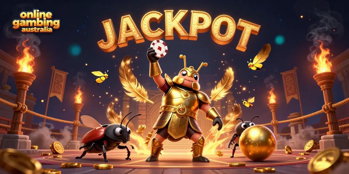 Engage with online gambling Australia through a triumphant beetle winning jackpot amidst vivid casino elements.