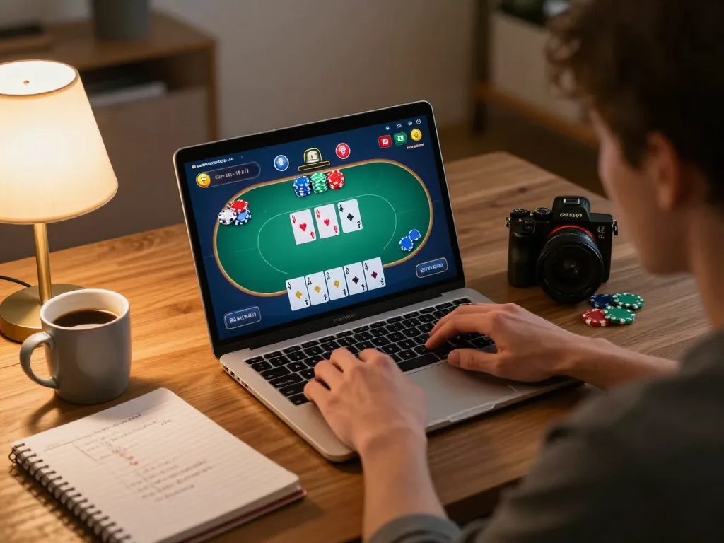 FAFA828 user engaged in online poker game strategy planning with laptop and notes