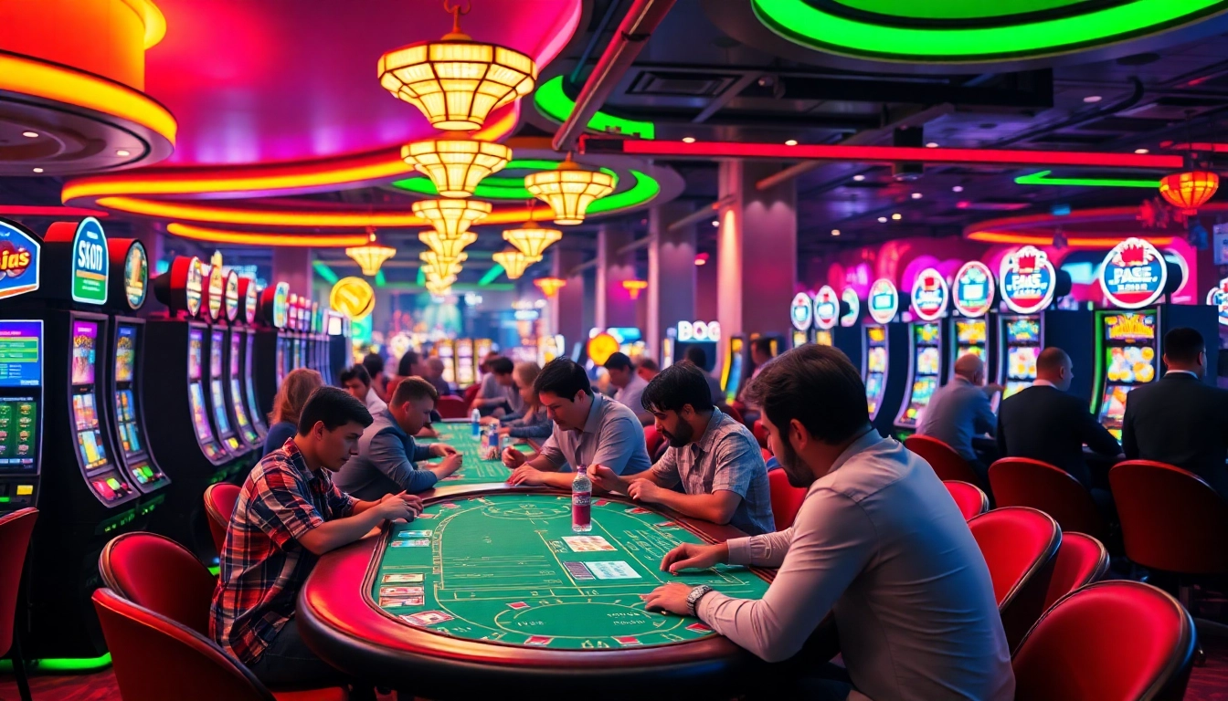 Erleben Sie spannendes casinospielen mit Spielern an lebhaften Tischen und bunten Spielautomaten.
