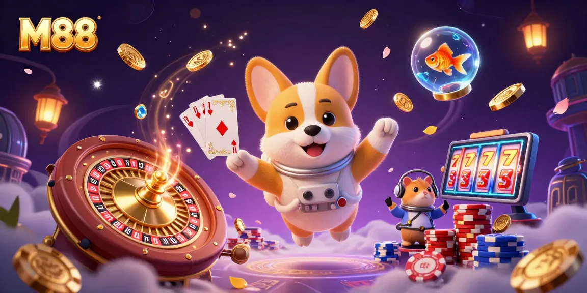 M88 players engaging in a vibrant space casino scene with floating poker chips and exciting gaming elements.