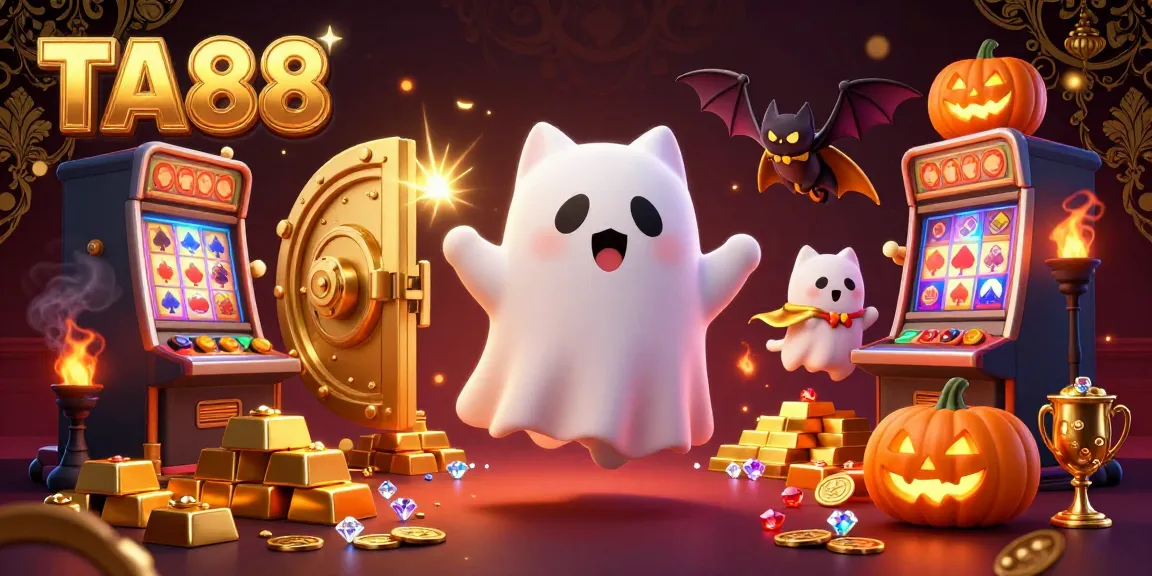 Engaging TA88 casino adventure with a ghost cat and vampire bat amidst dazzling treasures.