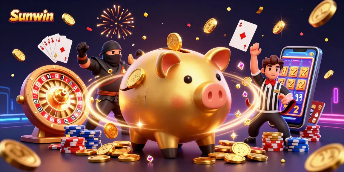 Sunwin dynamic scene featuring a golden piggy bank sumo wrestler, wallet-ninja, and credit-card samurai amidst cascading coins.