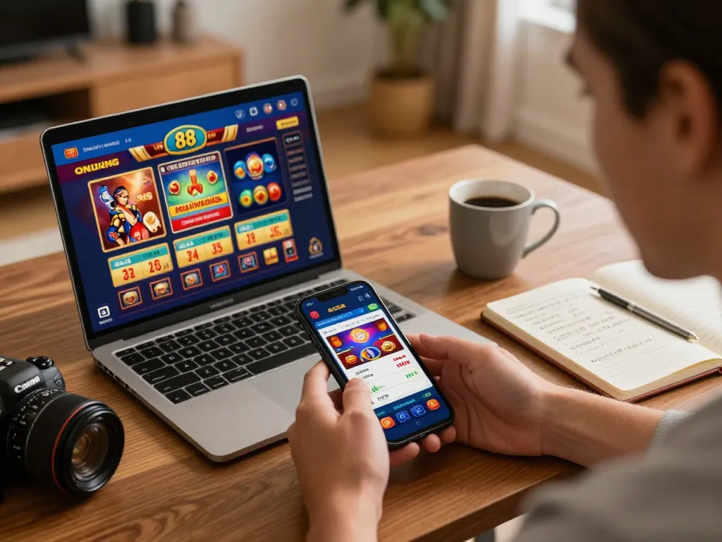 Engaging with open 88 on a smartphone for online casino gaming at home, reflecting casual entertainment.