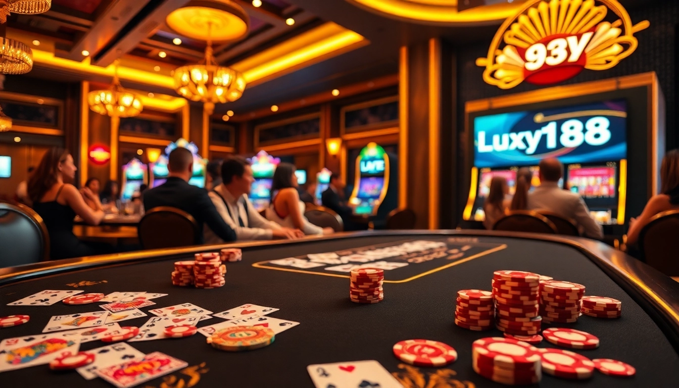 Players engaged in luxury138 casino games with vibrant poker chips and cards.