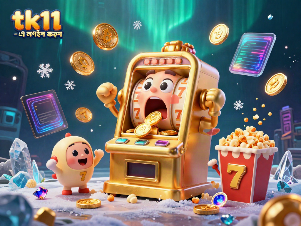 tk11 -এ লগইন করুন with a golden slot machine celebrating a jackpot surrounded by cheering baby machines.