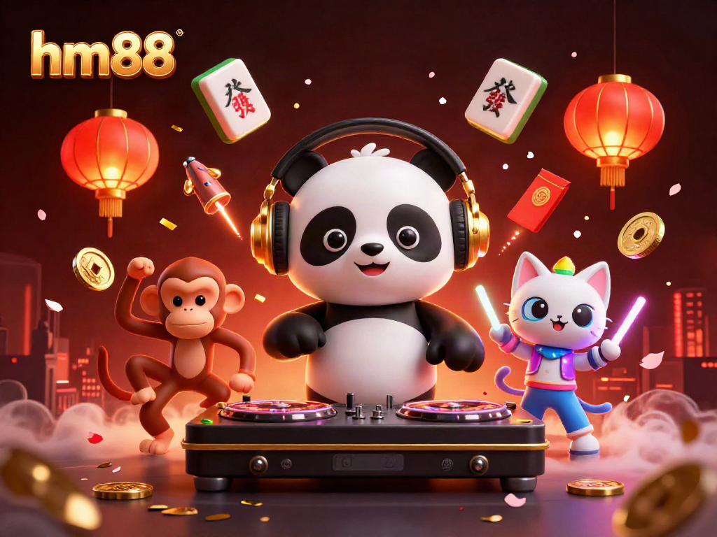 Experience the excitement of hm88 with a DJ panda, dancing monkey, and rave kitten amidst vibrant casino elements.