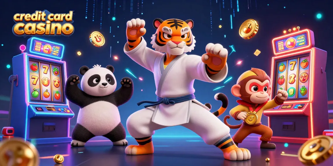 Engaging scene of credit card casino excitement with slots, playful characters, and vibrant visuals.