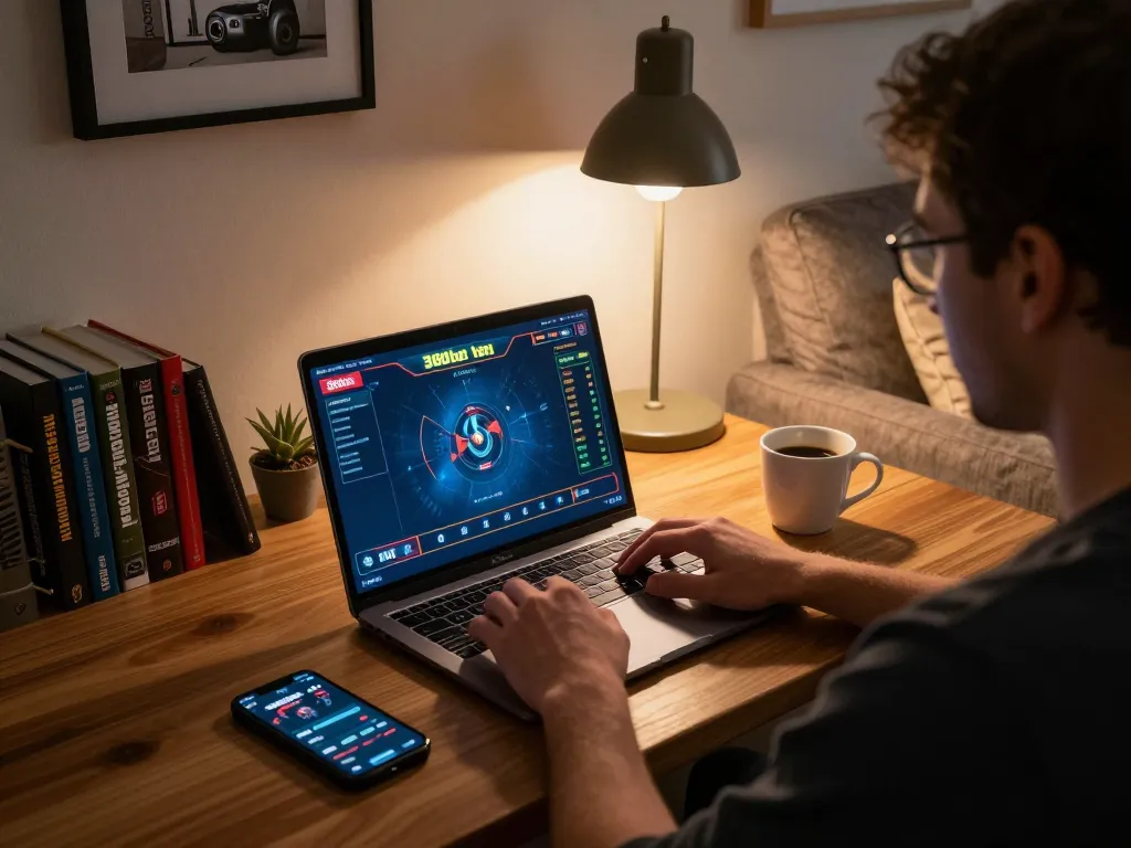 Player enjoying 388bet online gaming on a cozy laptop setup with a warm inviting atmosphere