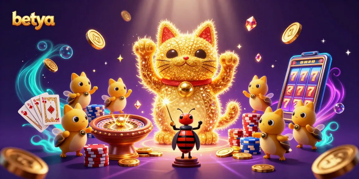 Betya showcases a vibrant casino scene with a lucky cat and dynamic gaming elements.