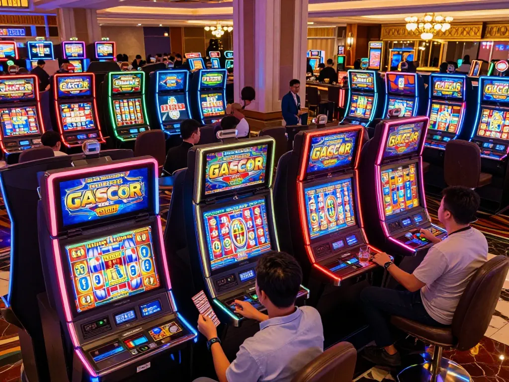 Experience the excitement of slot gacor gameplay in a vibrant casino atmosphere with players engaged in thrilling moments.
