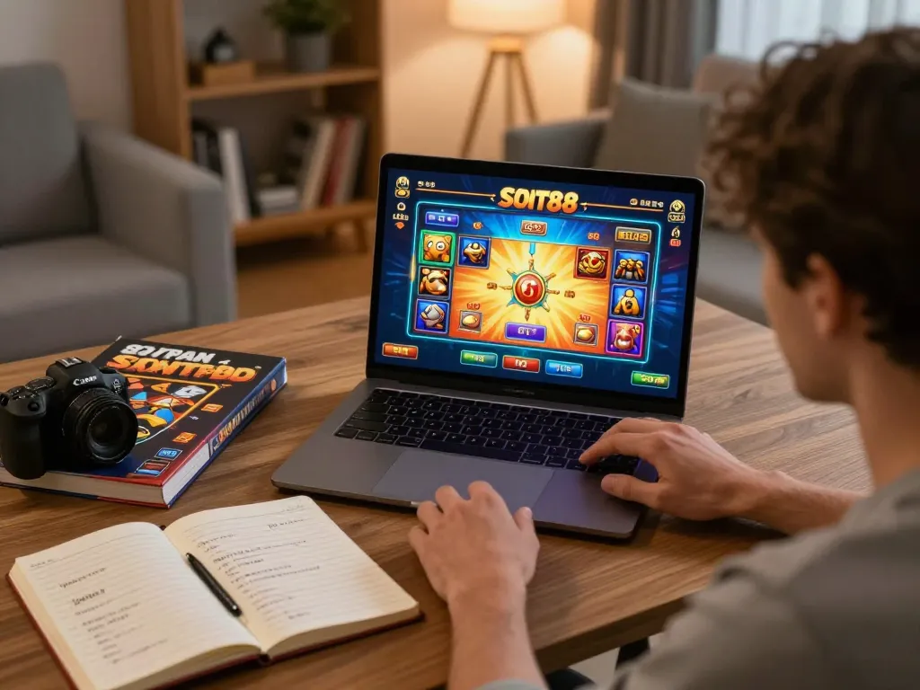 Engaging player enjoying Slot88 online gaming experience at home with laptop and strategy notes.