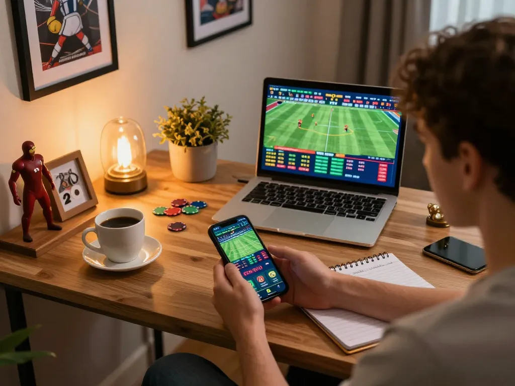 Person bets on sports using mobile app in cozy home setting, m119 imagery enhancing engagement.