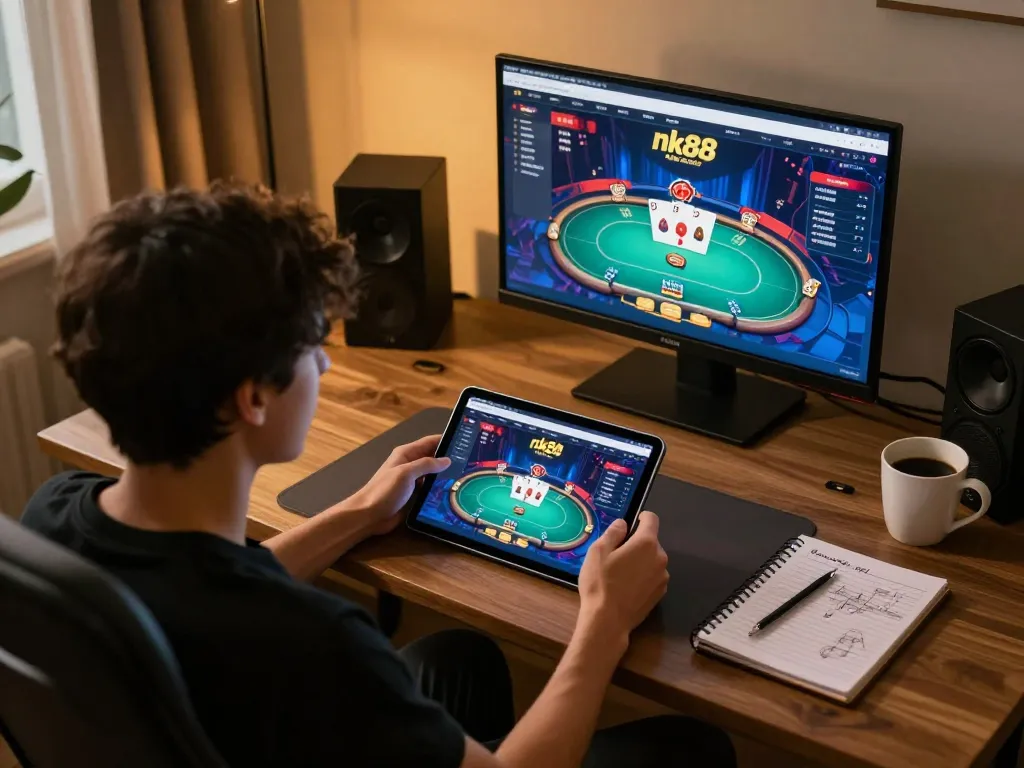 Player engaged in nk88 nhà cái mobile gaming on a tablet in a cozy home setting