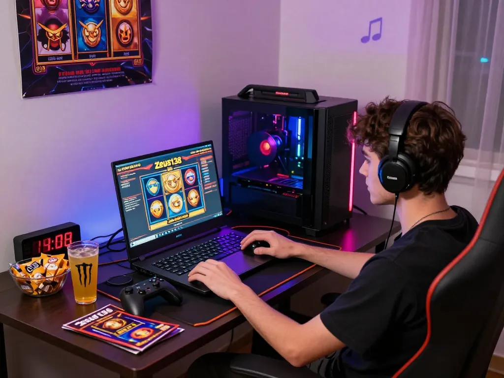 Exciting gaming setup showcasing slot gacor interface on laptop, snacks, and promotional materials.