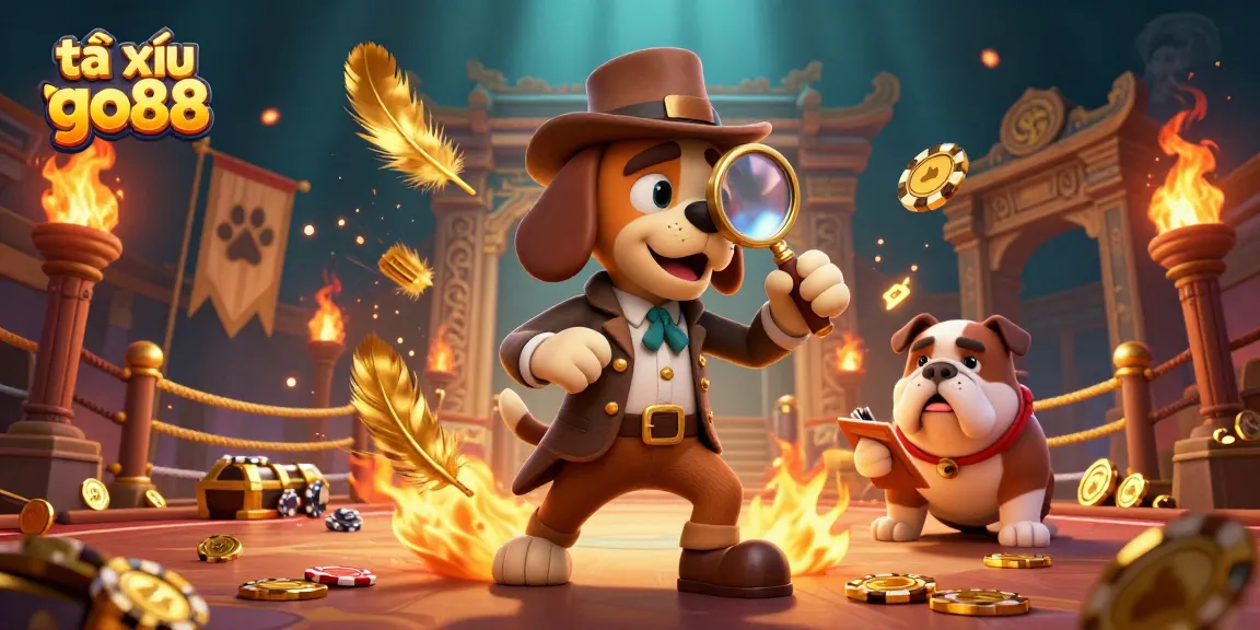 Experience the excitement of tài xỉu go88 with detectives uncovering treasure clues in a vibrant casino scene.