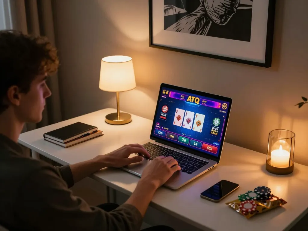 Enjoying a thrilling online ATQ gaming session with cards on screen in a stylish and casual home office.