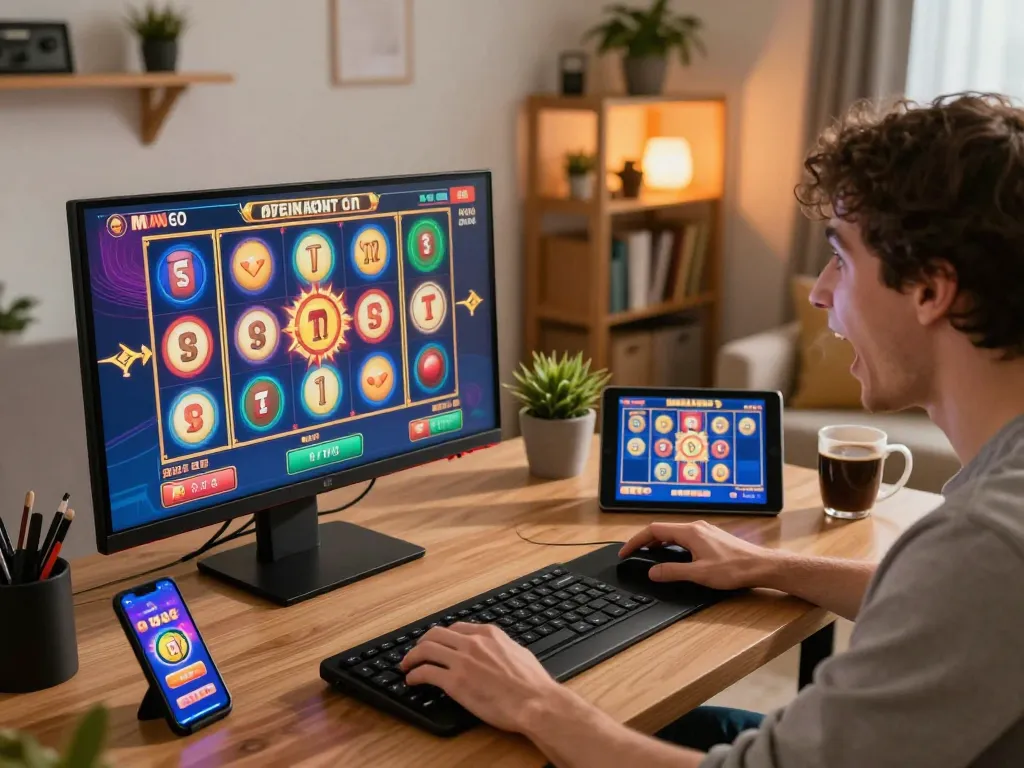 Engaged player enjoying slot online excitement on their desktop, colorful reels spinning and cozy home atmosphere.
