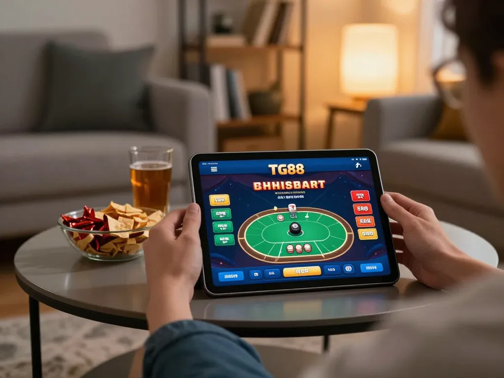 Engaging user interacts with the TG88 online casino app on a tablet in a cozy home setting