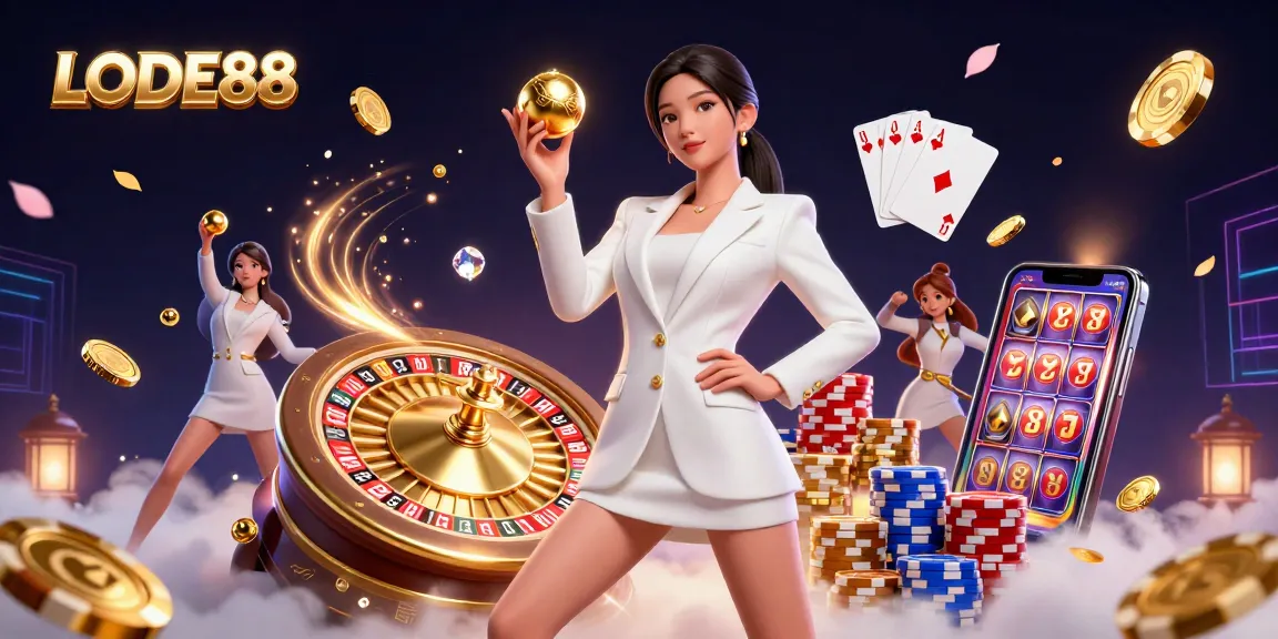 Win big with LODE88 as a glamorous casino scene unfolds, showcasing a confident Asian woman holding a golden roulette ball.