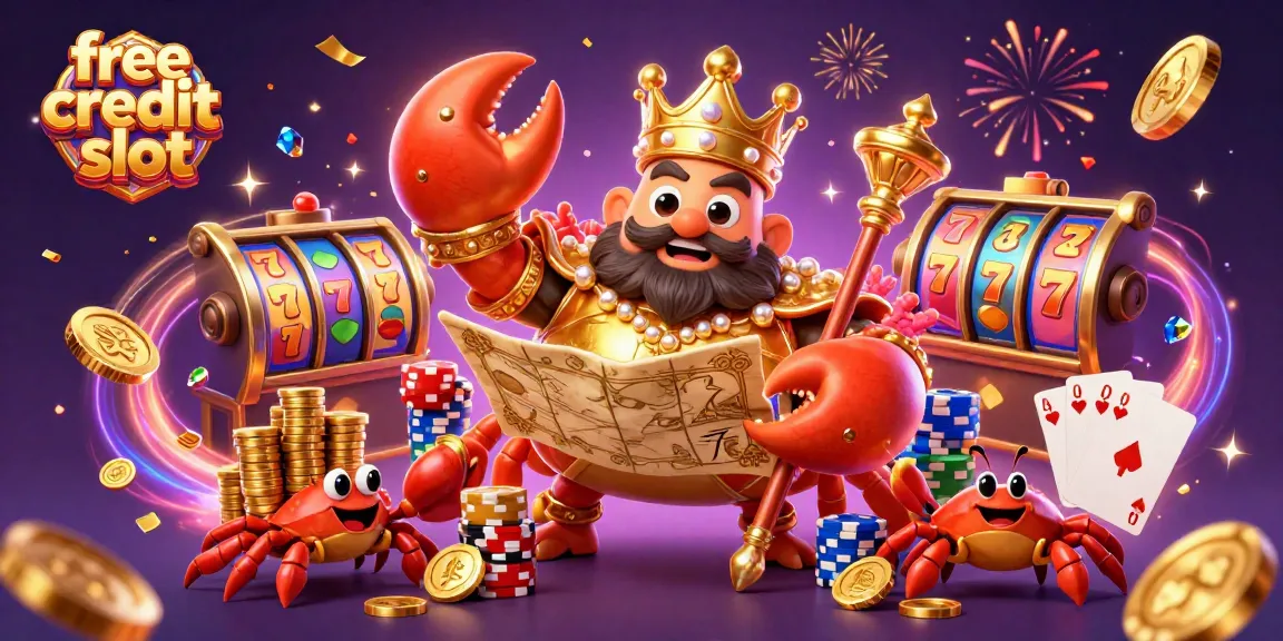 Spin the reels with free credit slot alongside a golden crab emperor and treasures in a dynamic casino scene.