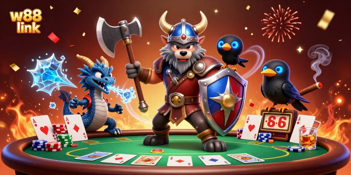 Engage with the w88 link showcasing a vibrant scene of a Viking wolf warrior, dragon, and raven amidst colorful poker elements.