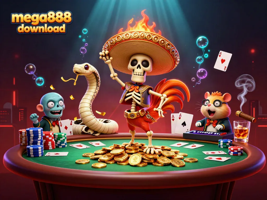 Experience mega888 download with a vibrant 3D casino scene featuring a dancing rooster and poker elements.