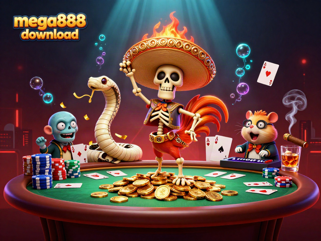 Experience mega888 download with a vibrant 3D casino scene featuring a dancing rooster and poker elements.