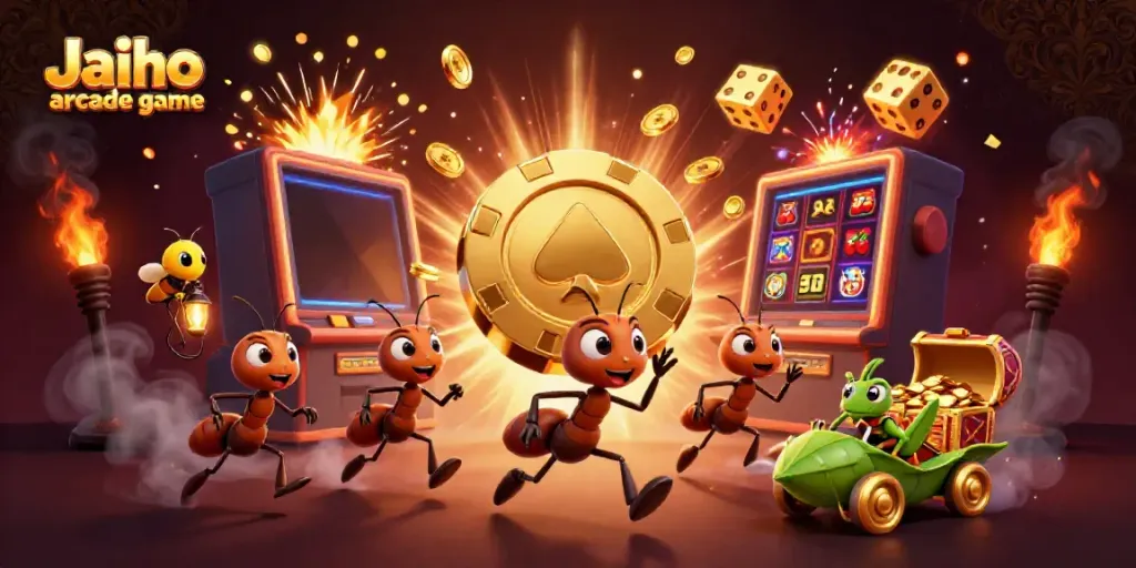 Experience the excitement of Jaiho arcade game with ants, a firefly, and a grasshopper in a thrilling heist scene.