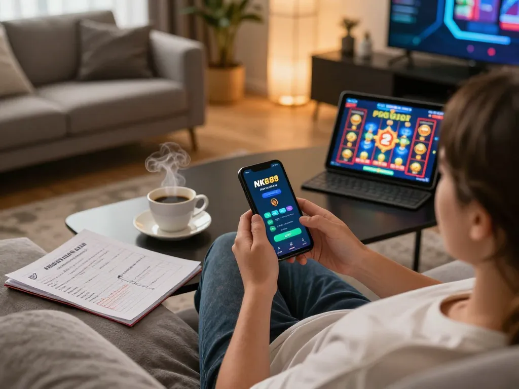 Engaging with the NK88 nhà cái app on a smartphone, enjoying online casino gaming at home.
