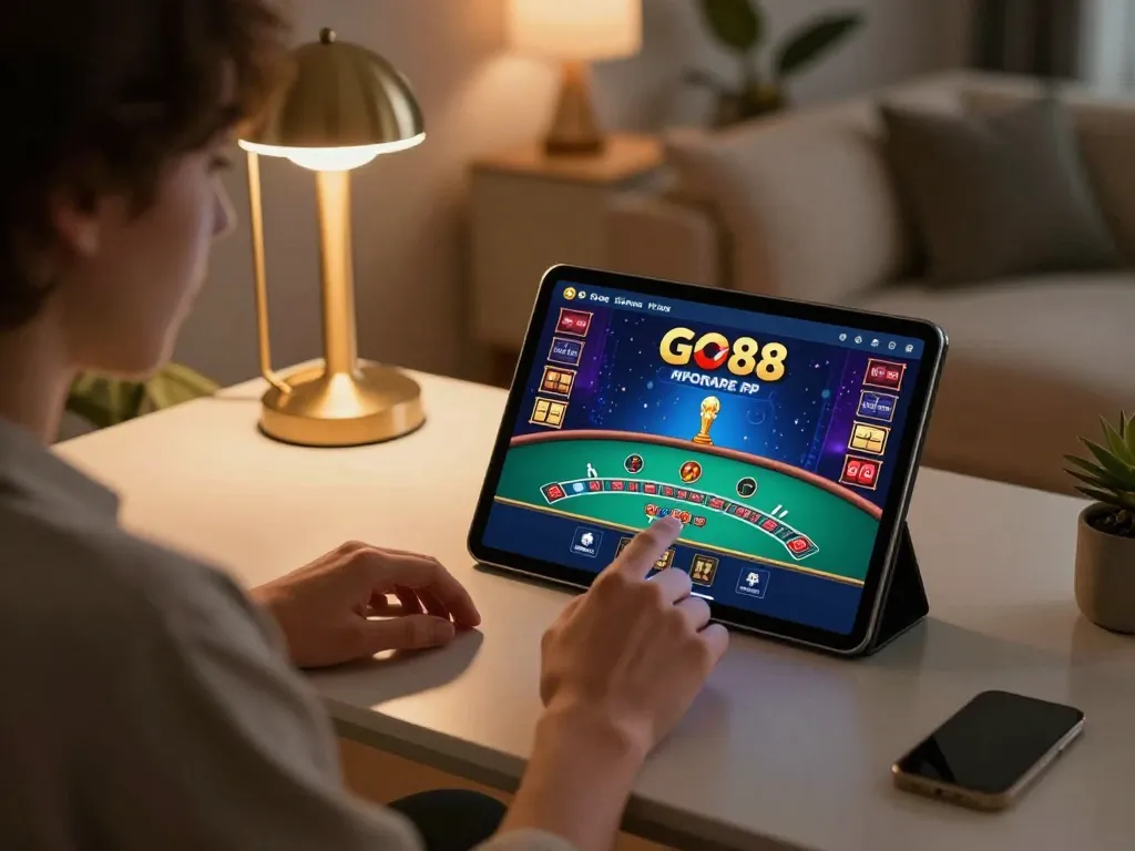 Engaging in GO88 live dealer game on a tablet at home, showcasing strategic gameplay.