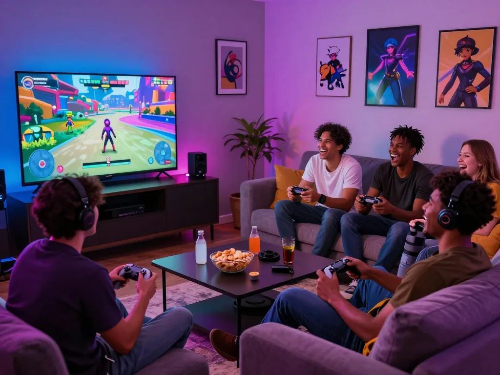 Exciting group enjoying a sex game on a large screen with colorful lighting in a cozy living room.