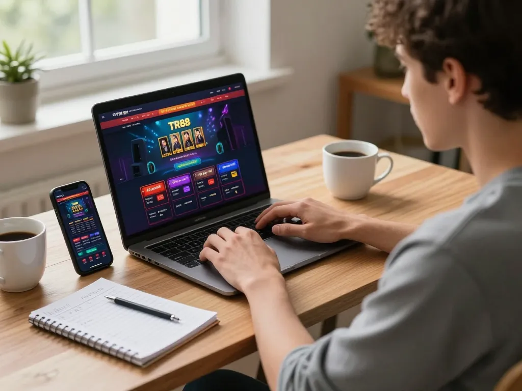 TR88 player strategizing online bets in a cozy home office environment.