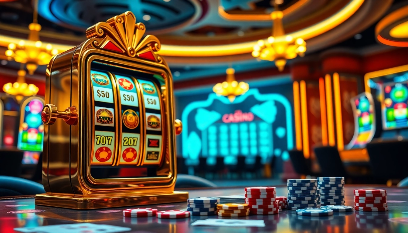 Experience the thrill of engaging with qqmacan login on a luxurious casino platform, highlighted by vibrant slot machines and poker chips.