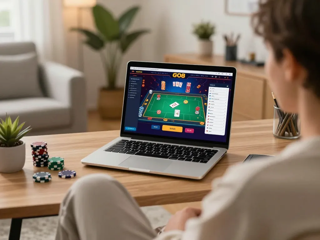 Engaging in strategic gameplay on GO8 online casino interface with relaxed home environment.