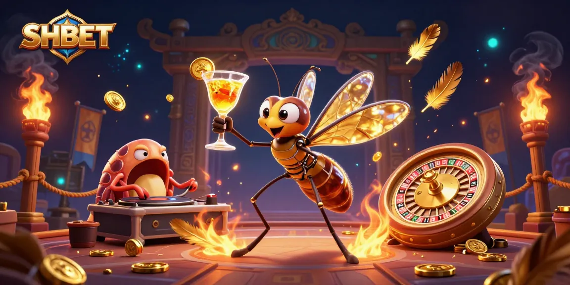 Experience the excitement of SHBET with a dynamic casino scene showcasing a unique frozen mosquito mascot and vibrant gaming elements.