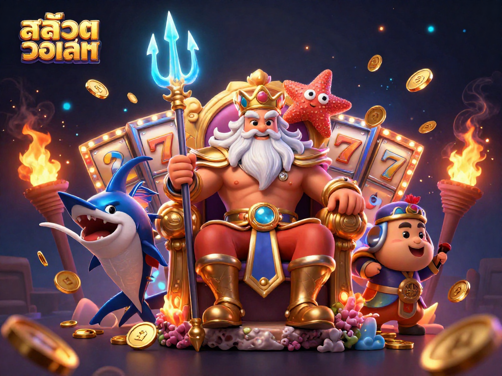 Win big with สล็อตวอเลท in this vibrant 3D digital illustration featuring Neptune.