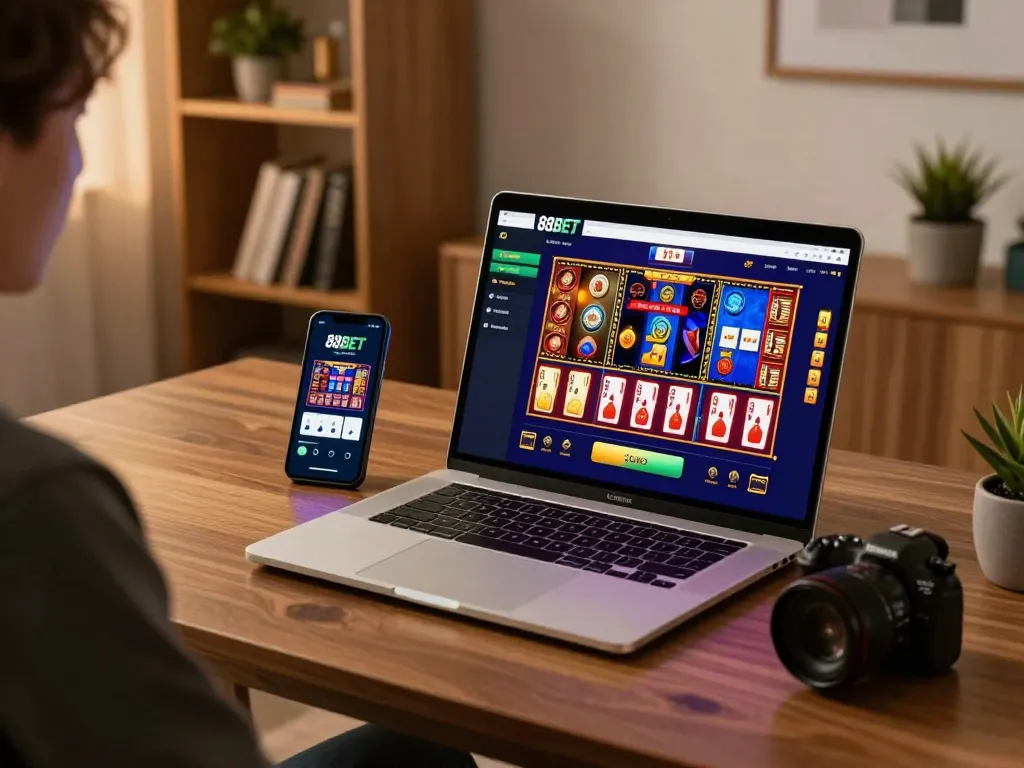 Player engaging with 88BET online casino on laptop while exploring game options at home.