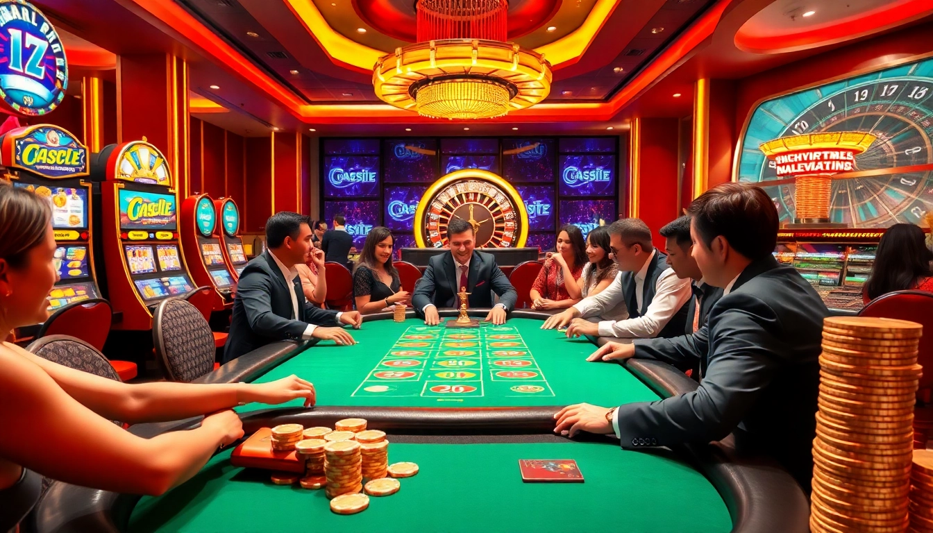 LC88 casino table with a dealer dealing cards amidst excited players, showcasing vibrant gambling atmosphere.