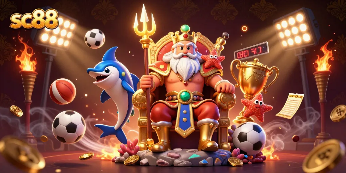 sc88 showcases a dynamic gaming scene with Neptune and sports elements, celebrating casino excitement.