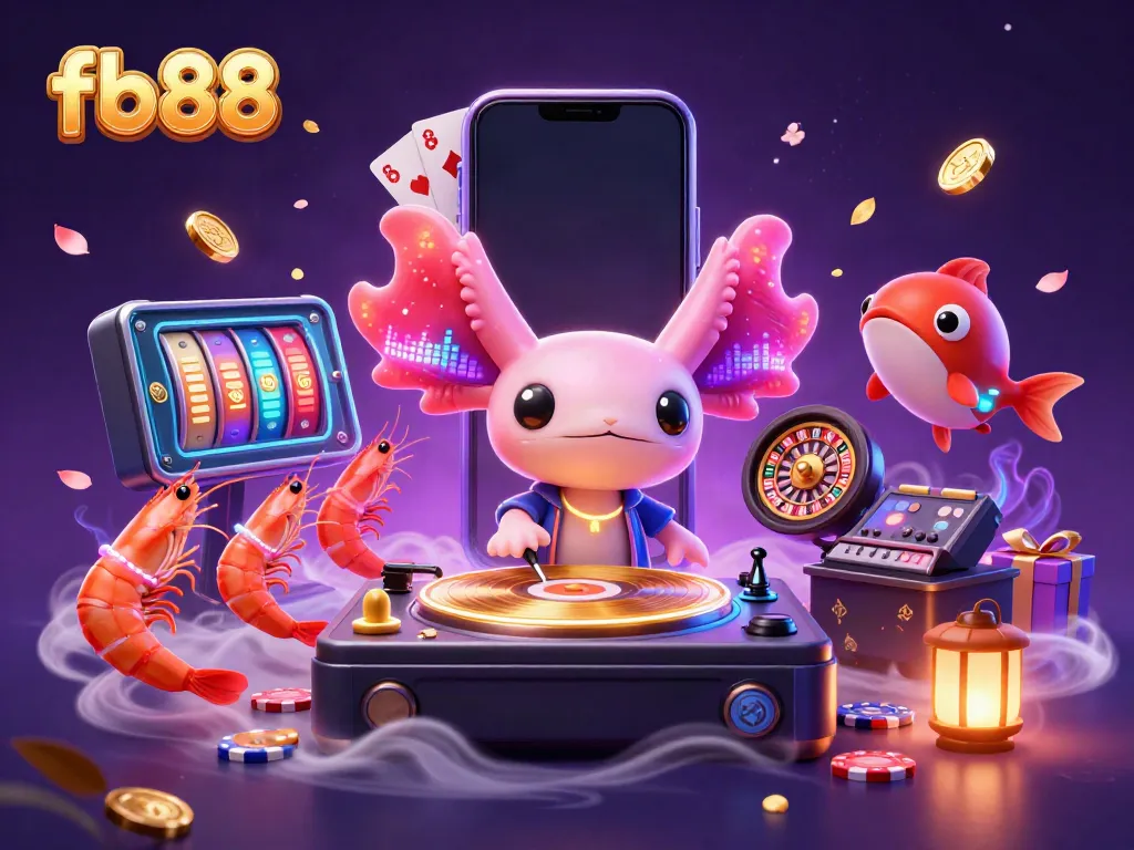 Experience the vibrant atmosphere of fb88 casino with a neon axolotl DJ and lively underwater characters.