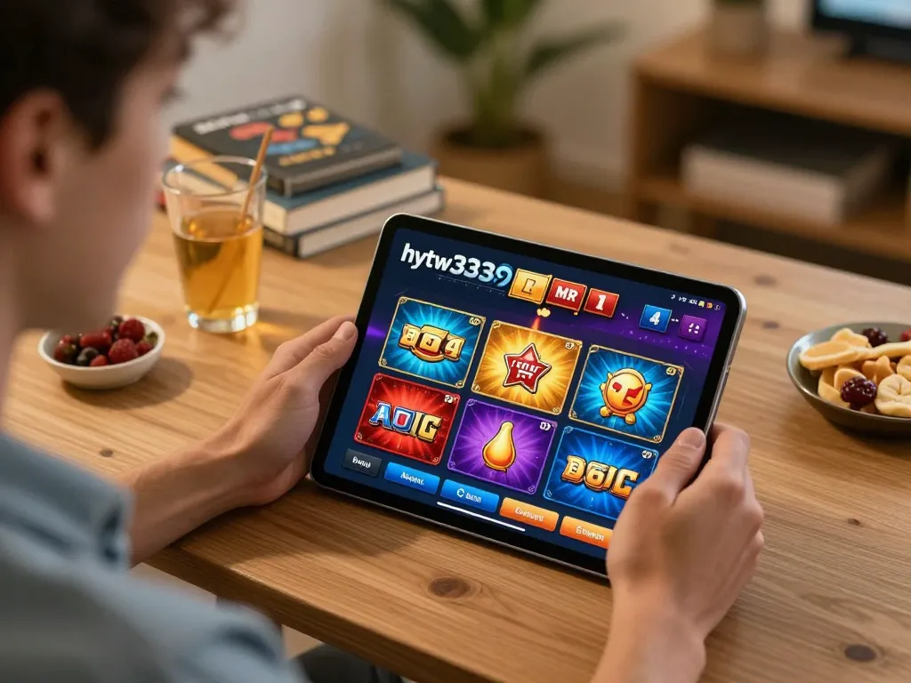 Player engaging with hytw3339a casino app on tablet, enjoying a vibrant online gaming experience.