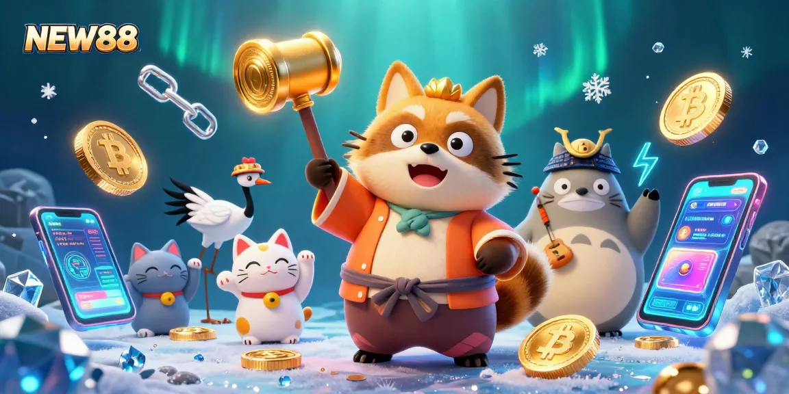 Engage with NEW88's vibrant casino activities illustrated with cheerful tanuki, crypto coins, and lucky symbols.