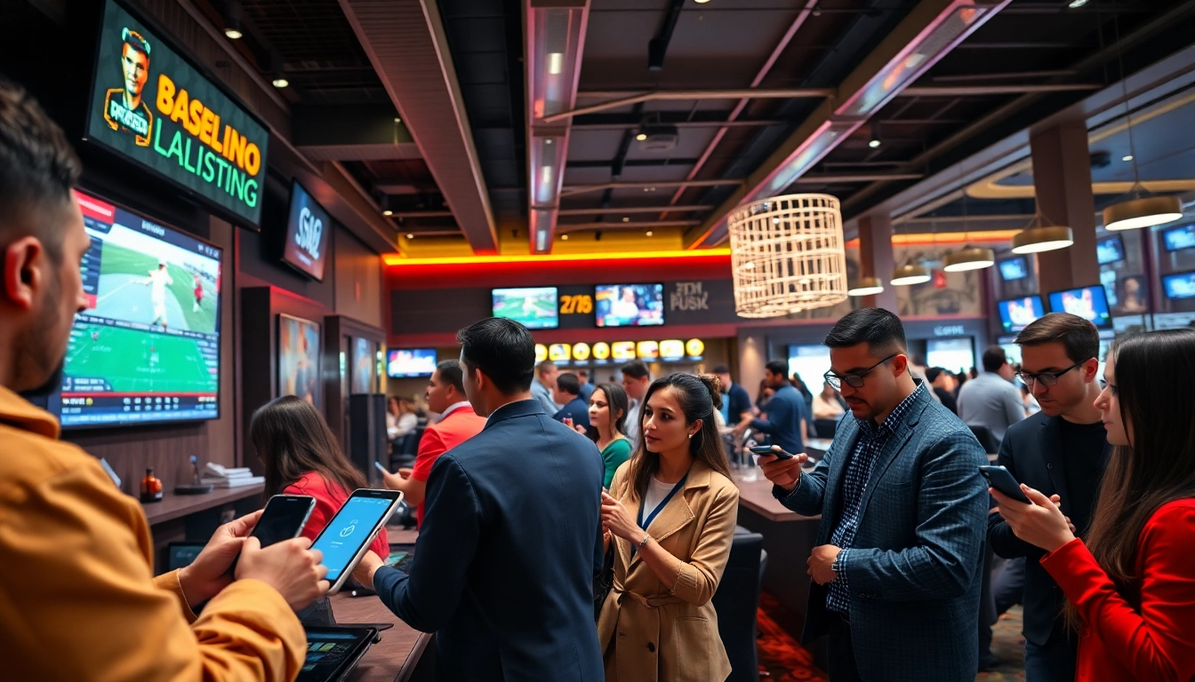 Engaging scene of online Betting in a vibrant sportsbook with people placing bets.