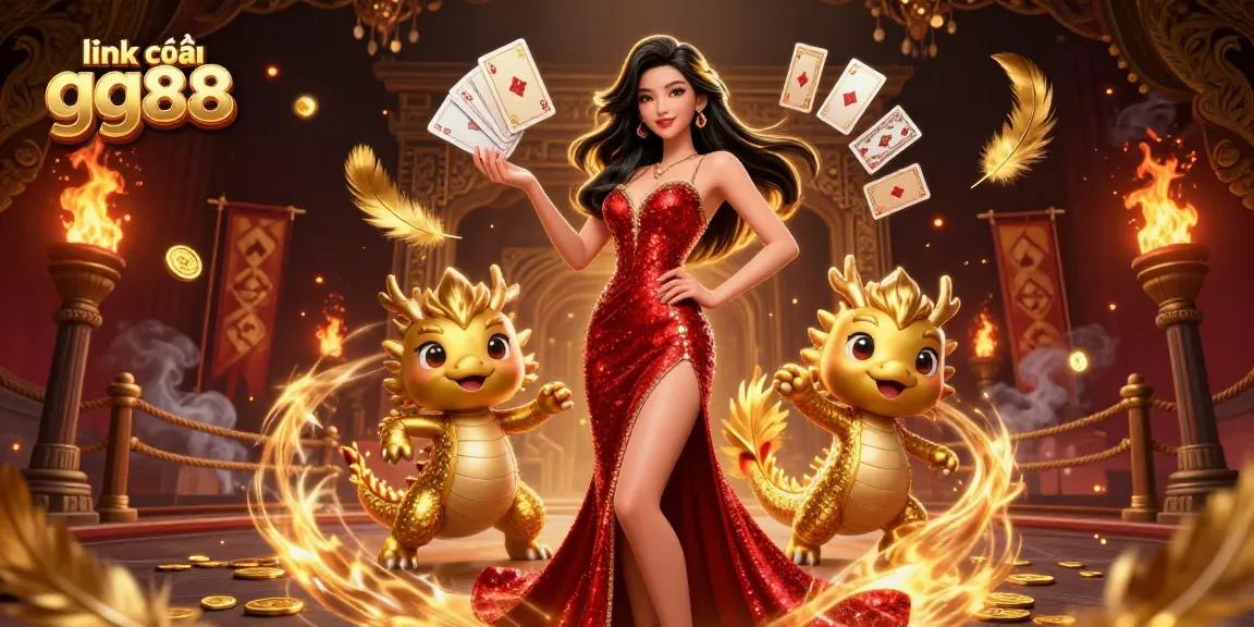 Catch the excitement at link vào gg88 with a vibrant 3D illustration of an elegant lady and a golden dragon mascot.