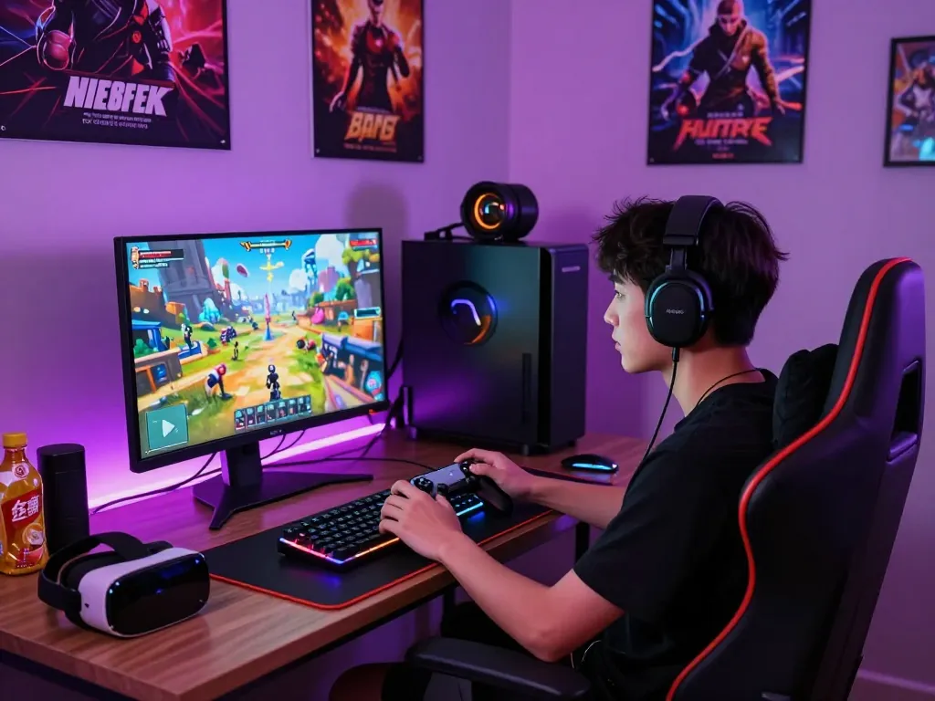 Player enjoying an immersive porngame experience in a vibrant gaming setup with modern equipment.