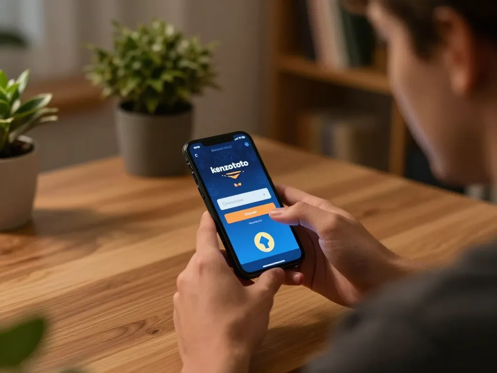 Layar login Kenzototo yang ditampilkan di smartphone, menyoroti pengalaman judi online yang menarik