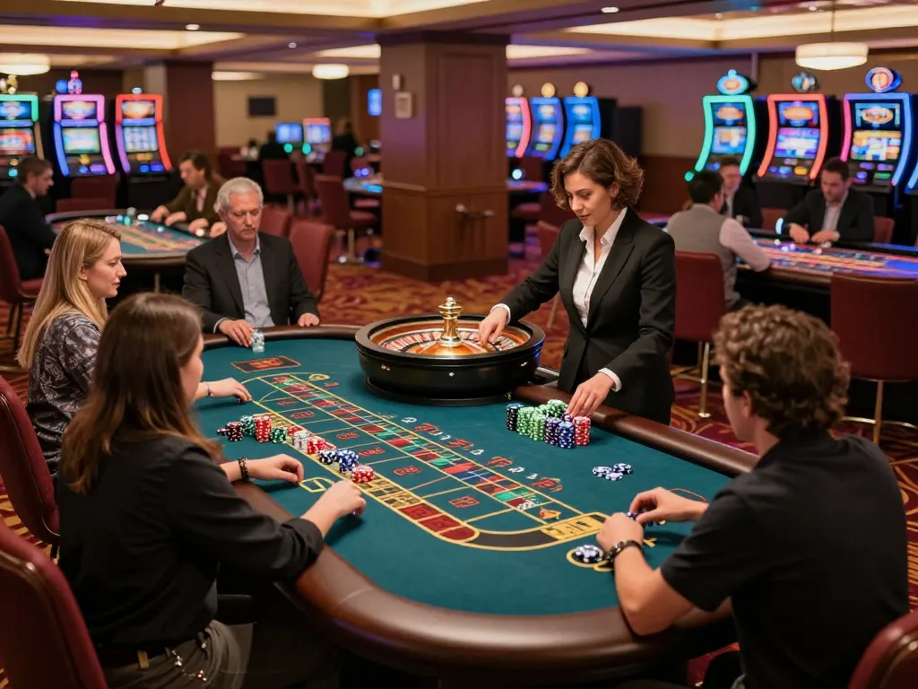 Casinosscope players placing bets at a lively roulette table in an upscale casino atmosphere