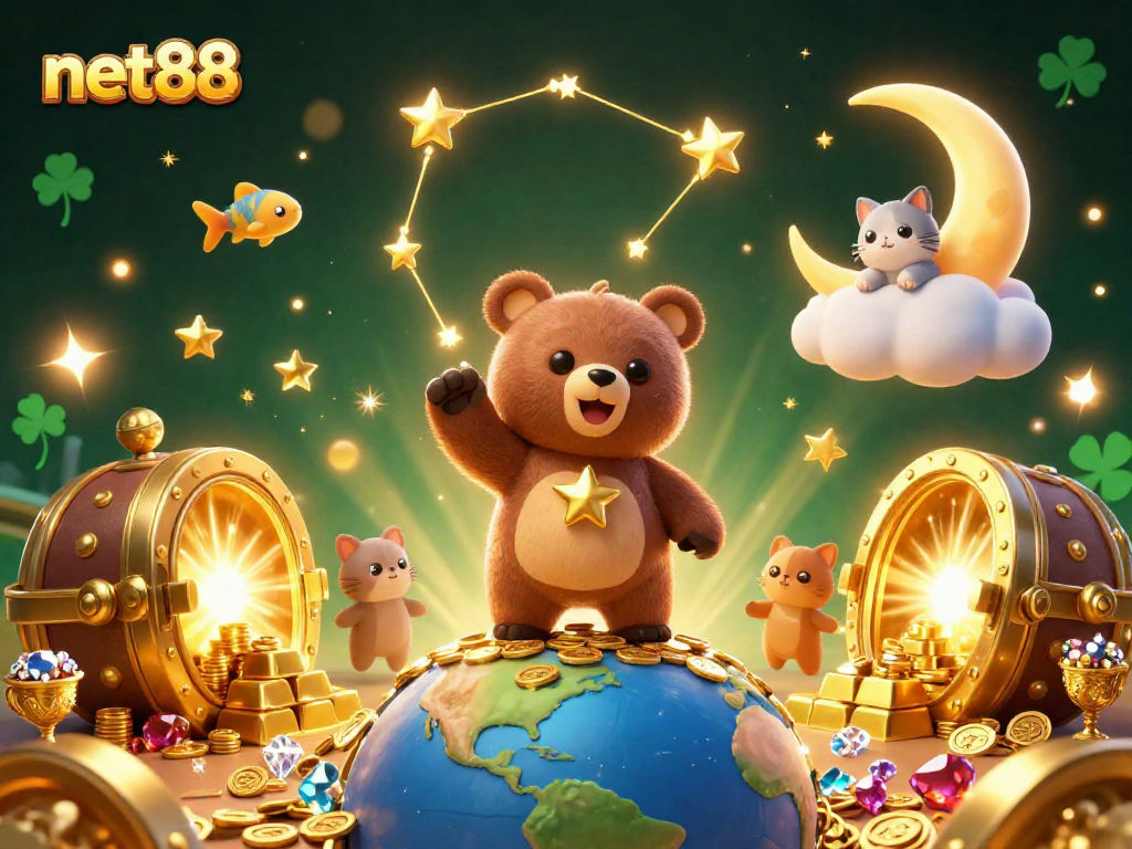 Engage with thrilling net88 gameplay featuring a constellation bear and golden treasures.