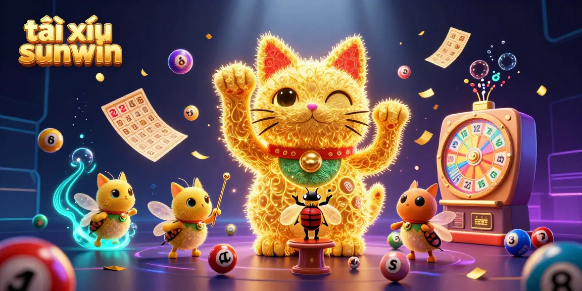 Engage with tài xỉu sunwin as golden fireflies shape a lucky cat, surrounded by lottery action.